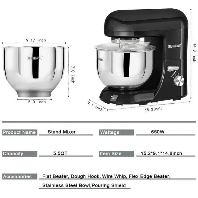 CHEFTRONIC STAND MIXER TILT HEAD DOUGH FOOD MIXER 5.5 QT STAINLESS STEEL SM-986 CHEFTRONIC STAND MIXER TILT HEAD DOUGH FOOD MIXER 5.5 QT STAINLESS STEEL SM-986