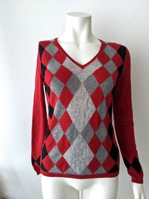 CHARTER CLUB Pullover Gr. M 100% Kaschmir ROT GRAU SCHWARZ Argyle Rauten Muster