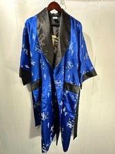 Vintage Asian Silk Reversible Kimono Robe Embroidered Dragon Black Blue LG