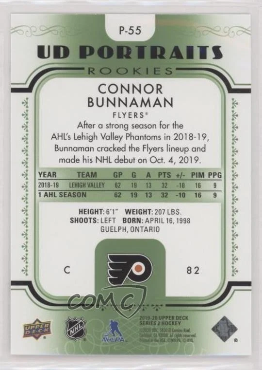 2019-20 Upper Deck UD Portraits Rookies Green Connor Bunnaman #P-55 Rookie RC - Image 2 of 2