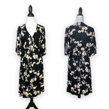 Maree Small Black Floral Crepe Texture Babydoll Blouse Flutter Sleeve Midi Dress