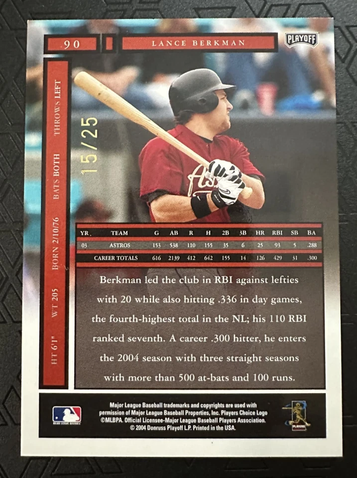 2004 Playoff Honors Astros Lance Berkman Credits Insert Card # 90  15/25 Made - Image 2 of 2