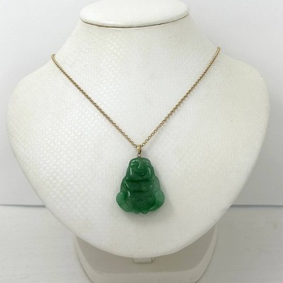 Handgeschnitzt 2 Seiten Happy Buddha grüne Jade 14k Gold Anhänger Halskette