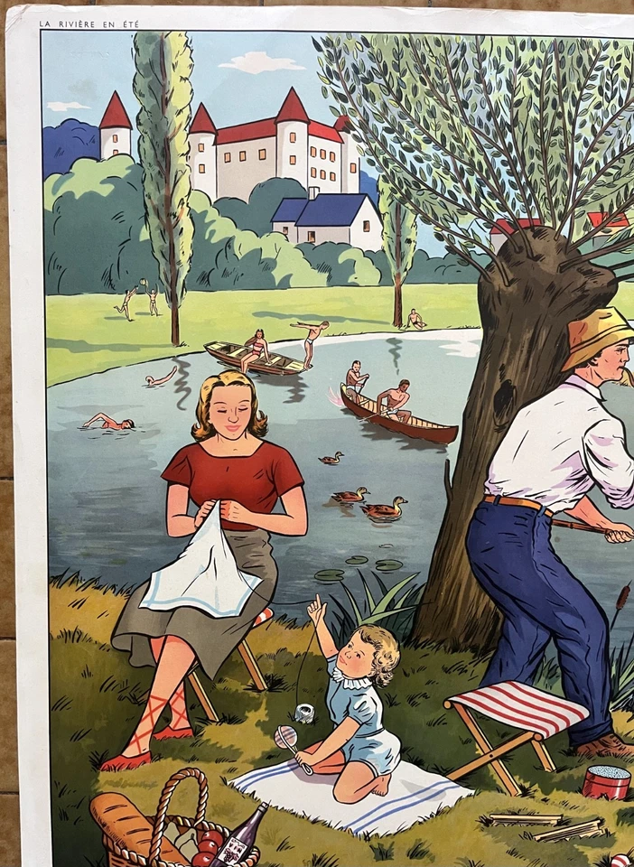 🚣♀️ Ancienne affiche scolaire Rossignol, 1950 - La rivière (pêche) / Moisson - Photo 3/4