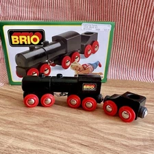 Vintage Brio wooden Railway 1990 Black Steam Train + Coal Tender #33414 Sweden