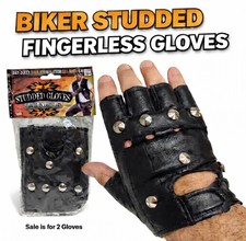 2 BLACK SILVER STUDDED PUNK HALF GLOVES Biker Heavy Metal Rocker Costume Stud