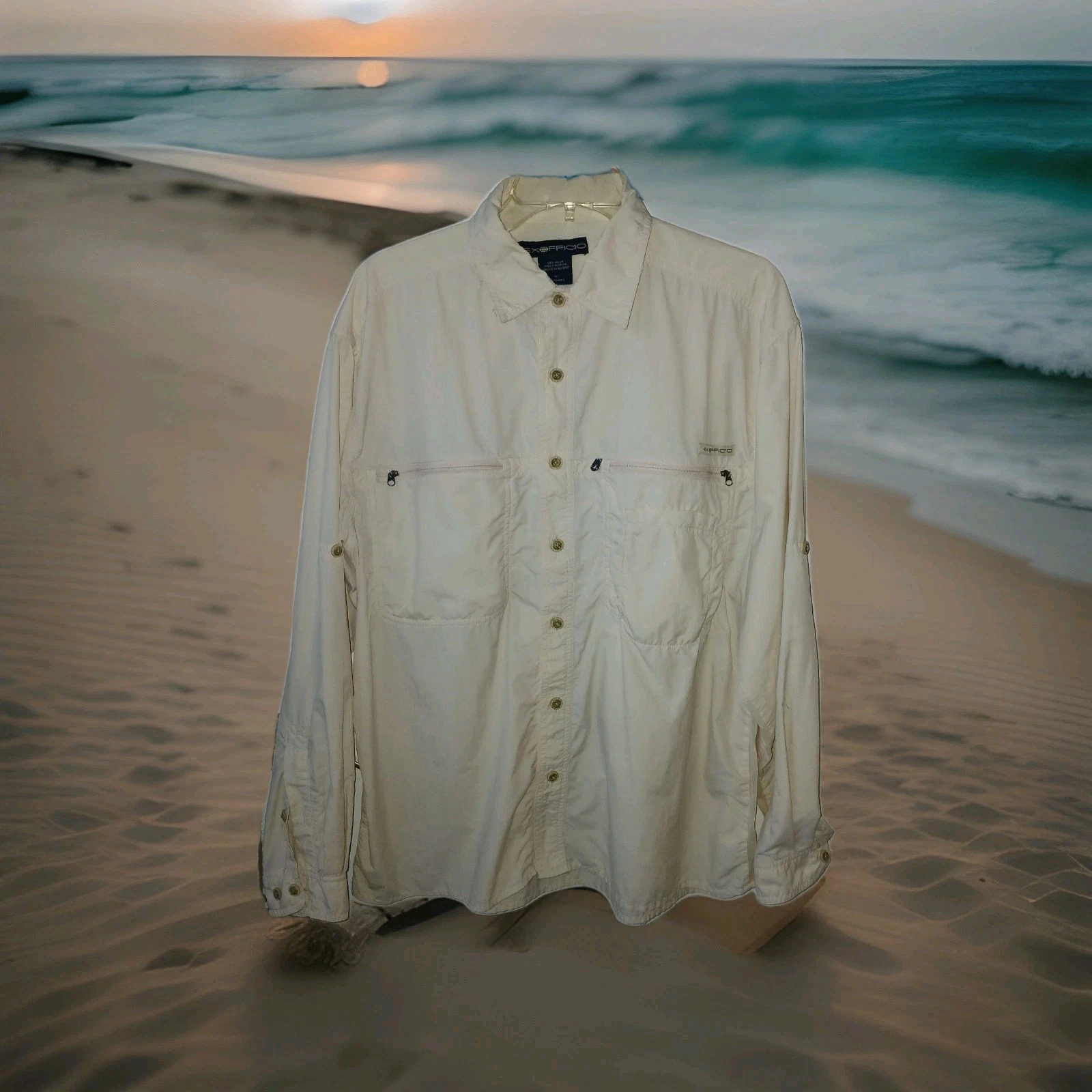 EXOFFICIO Button Up Lite Fishing Hiking Shirt Light Beige With Pockets Mens L