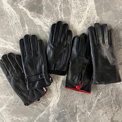 Sheepskin Leather Gloves for Men, Winter Warm Touchscreen Gloves, Black Leather - Picture 3 of 11