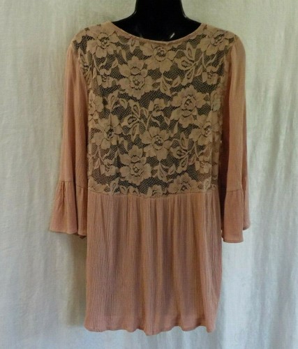 Ambiance Sexy Blouse Size S NWOT Pink High Low Hem Laced Front Lace Back Bell Sl - Picture 7 of 12