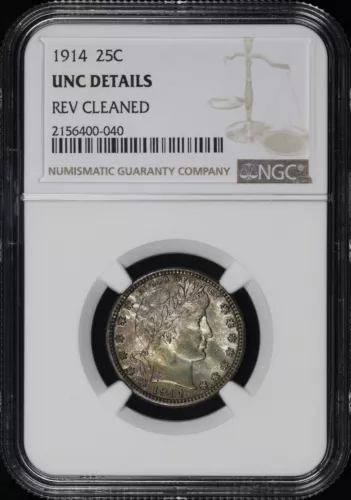 1914 Barber Quarter NGC UNC Details Reverse Cleaned - Dark Amber Toning!