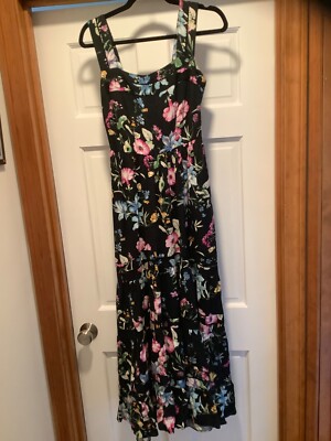 EUC Misa Long Sun Dress Black with Multicolor Flowers sz M 