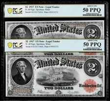 2 Consecutive Fr. 60 1917 US $2 Legal Tender Note  PCGS  AU 50 PPQ