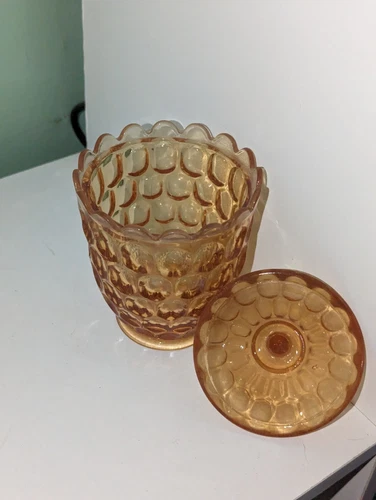 fenton depression glass amber thumbprint sugar bowl compote and lid