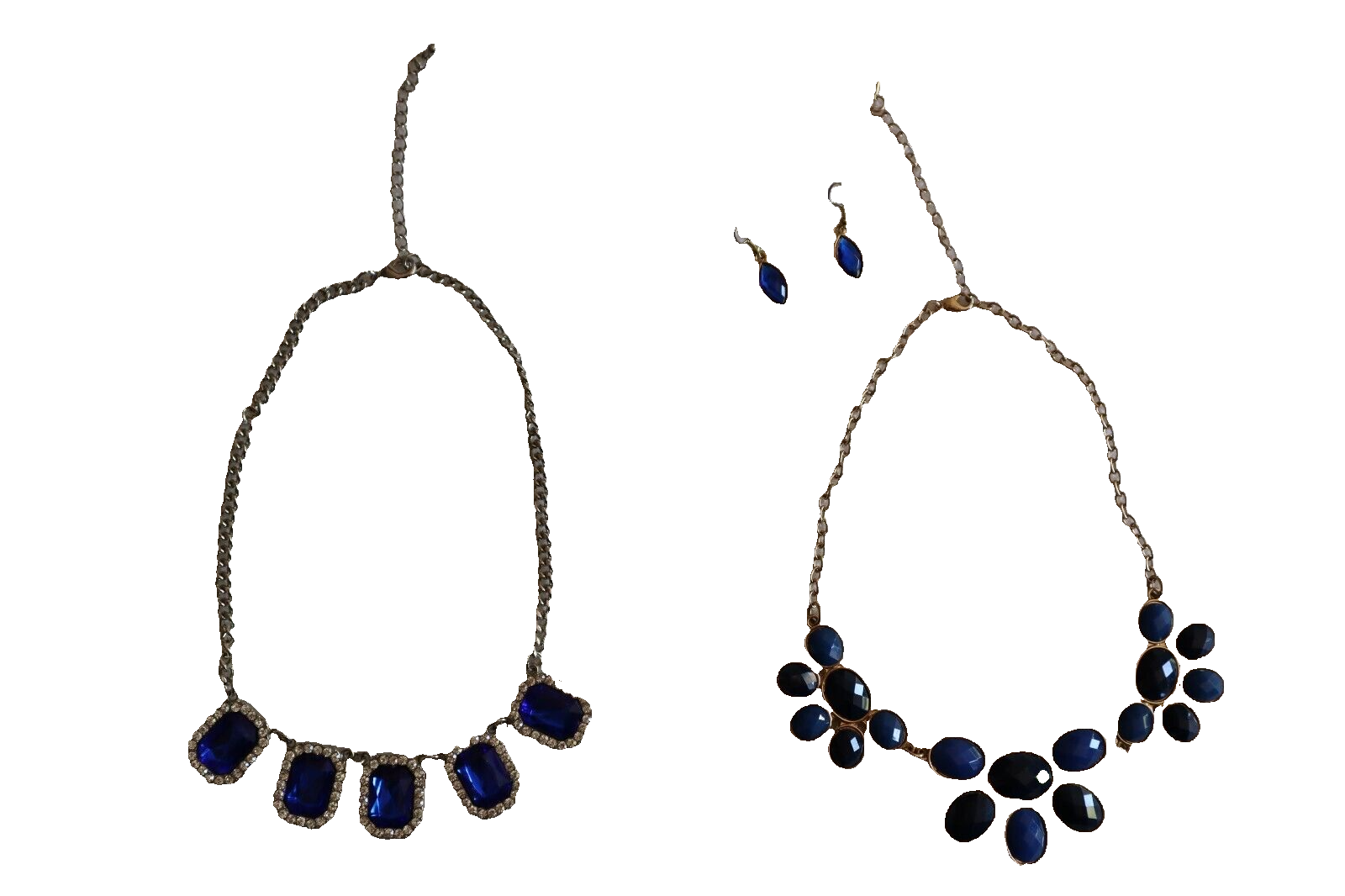 Blue Charming Charlie Necklace and Earrings Set Gold Tone Rhinestone Silver 16 Inch