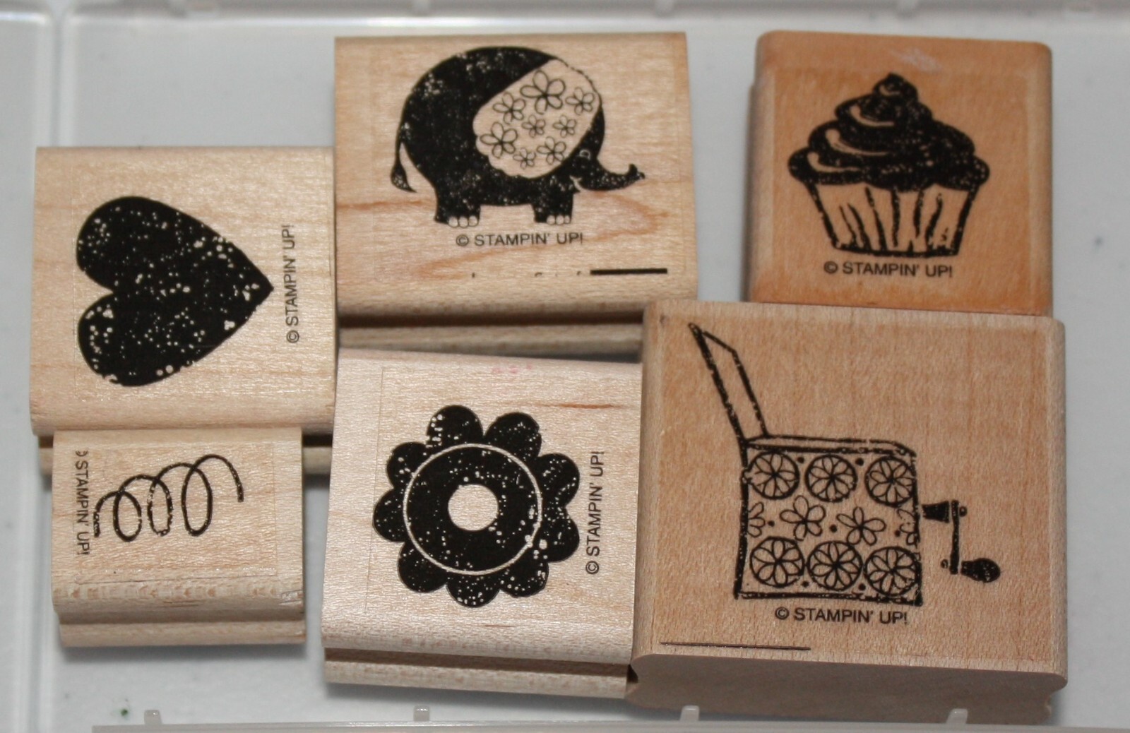 Stampin Up Retired Wood Mounted OUT OF THE BOX Elephant Cupcake Heart ...