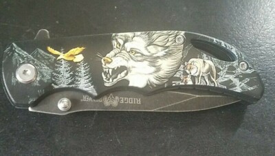 RIDGE RUNNER WOLF MOUNTAIN POCKET KNIFE - STONEWASHED SS BLADE, TPU Handle