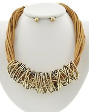 Gold Tone Lt.brown Suede Necklace Earring Set