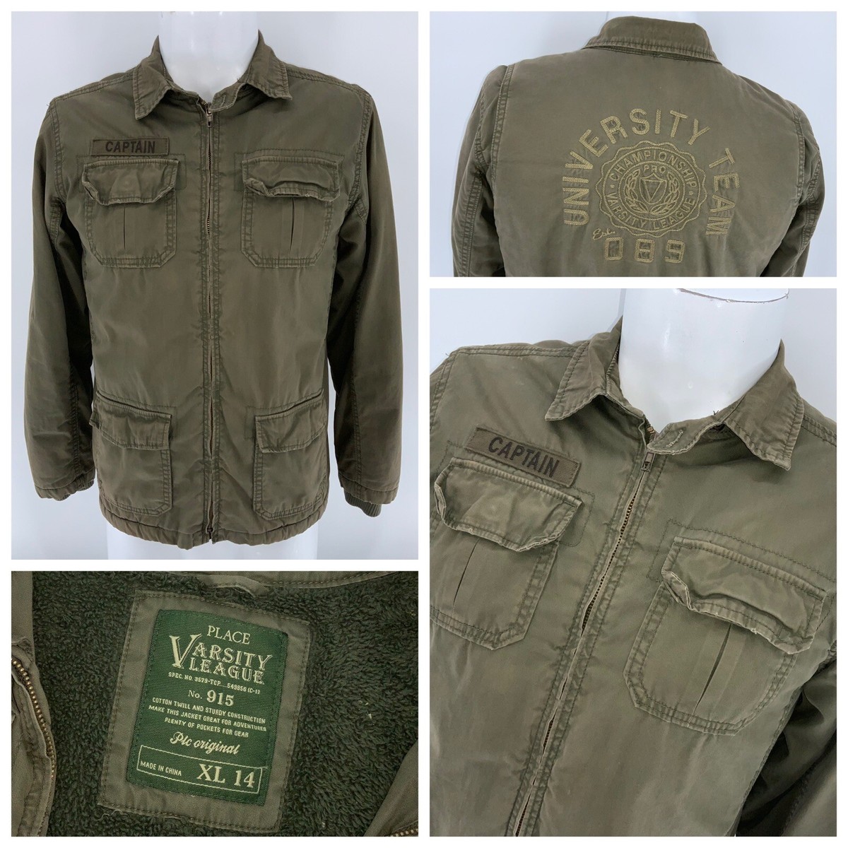 Children's Place Varsity League Army Jacket XL Boys Green Fleece