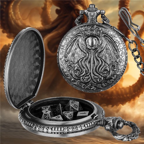 7pcs RPG Polyhedral D&D Metal Dices Set with Octopus Engraved Pocket Watch Case - Picture 12 of 12