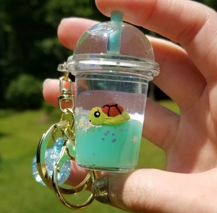 Green Turtle Boba Baby Keychain Cute Kawaii Liquid Fidget Toy Keychains