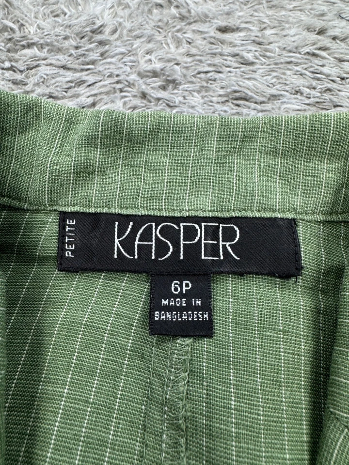 Blusa Kasper Top Mujer 6 Petite Verde Oliva Rayas Lino Puños Manga Corta Foto 3 de 4