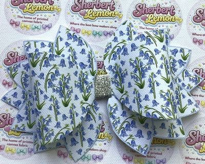 ZIERLICHE BLUEBELLS BLAU STATEMENT BEDRUCKT CANVAS STOFF SCHLEIFE TEMPS MACHEN HAARSCHLEIFEN