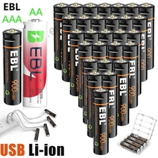 EBL 1.5V AAA AA Batteries USB Rechargeable Charging By USB Li-ion  w/ Cable Lot