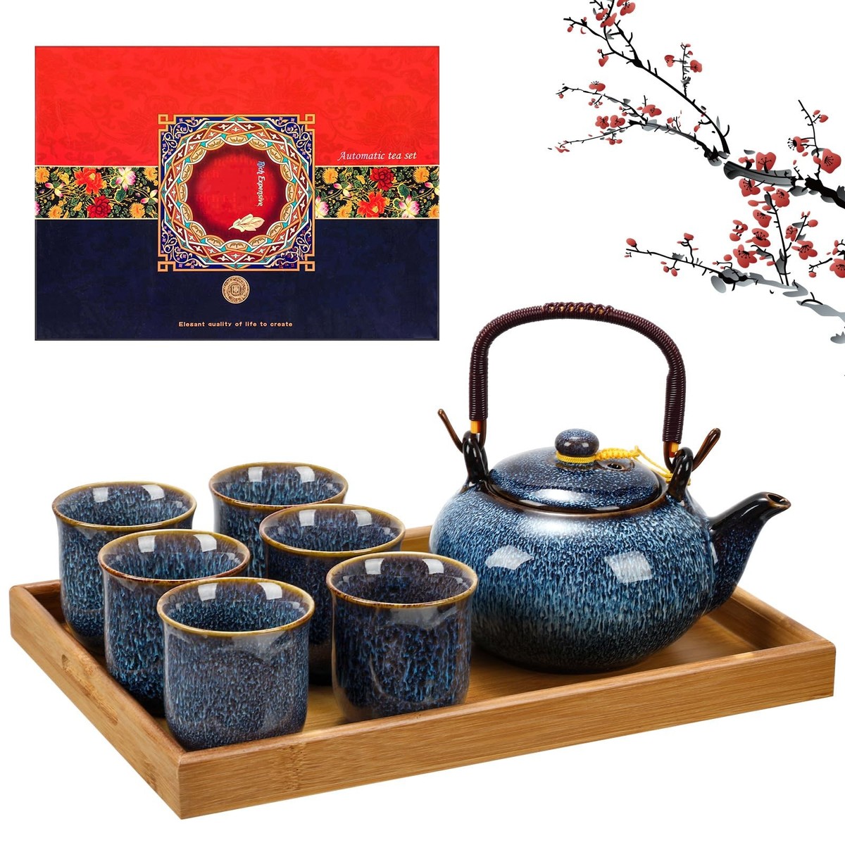 Blue Porcelain Japanese Kiln Glaze Portable Tea Set 1 Teapot 6 Cup