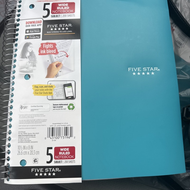 Five Star Spiral Notebook 5 Subject Wide Ruled Paper, 10.5"x8" - 200 Sheets