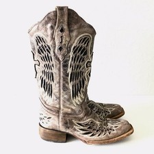 CORRAL Women's Western Boot Cowboy Sequin Wing Cross Inlay Square Toe Brown 8.5M