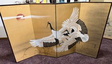Japanese 4 Panel Byobu Screen Red-Crowned Cranes Hand Painted Divider 59&rdquo; x 35&rdquo;