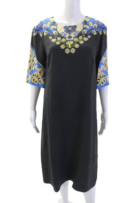 Etro Milano Womens Floral Detail Short Sleeve Zippered Shift Dress Gray Size 42
