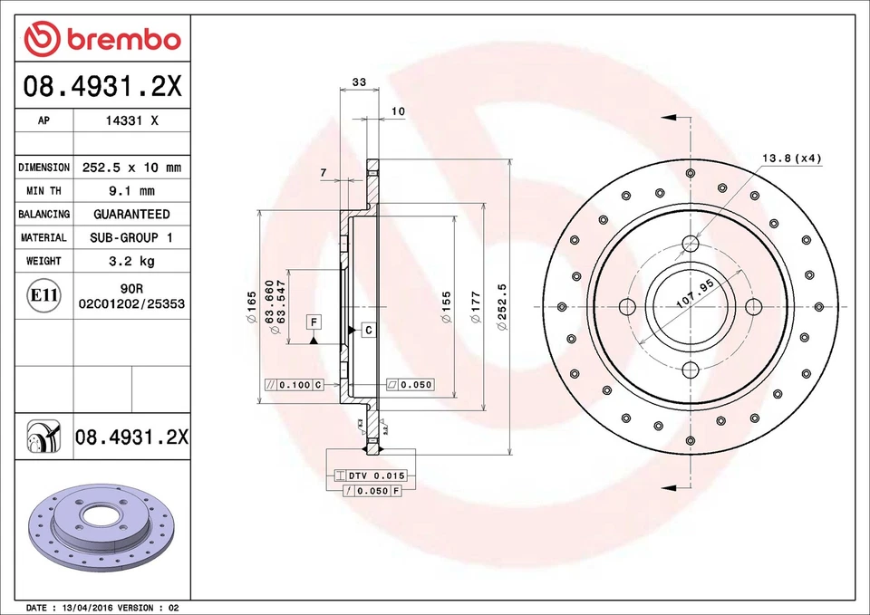 2x Brake Discs Pair fits FORD SIERRA Mk1 2.3 Rear 82 to 86 253mm Set Brembo New - Image 3 of 4
