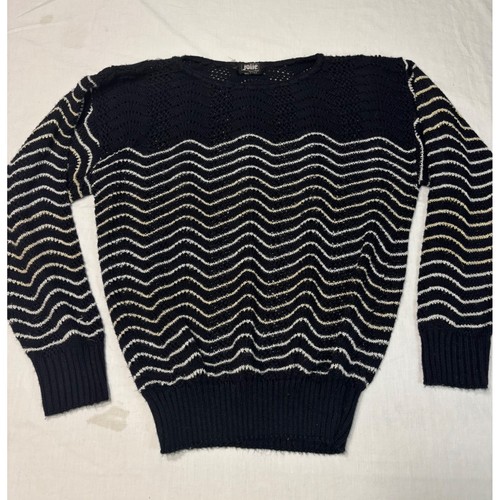 Vintage Jolie New York Wavy Stripe Metallic Knit Sweater Black Gold Pointelle M