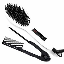Straight Shine Hair Straightening Ceramic Brush with Styling Comb w/LCD Display