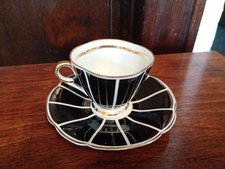 Antique Black & White Czech Bohemian Fine Bone China Vintage Cup & Saucer 20s