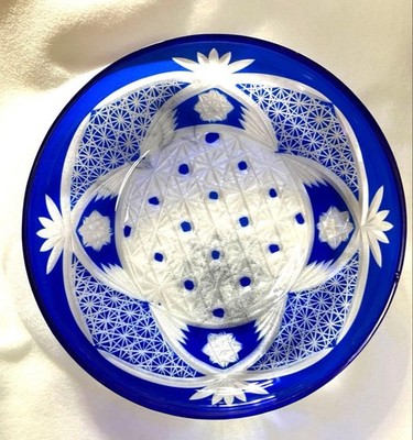 Edo Kiriko Small Plate Set Three Pieces Traditional Japanese Cut Glass Dishes