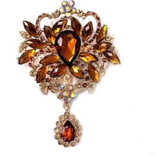 NEW Elegant Big Brown and Gold Rhinestone Flower Bouquet Brooch Pin STUNNING