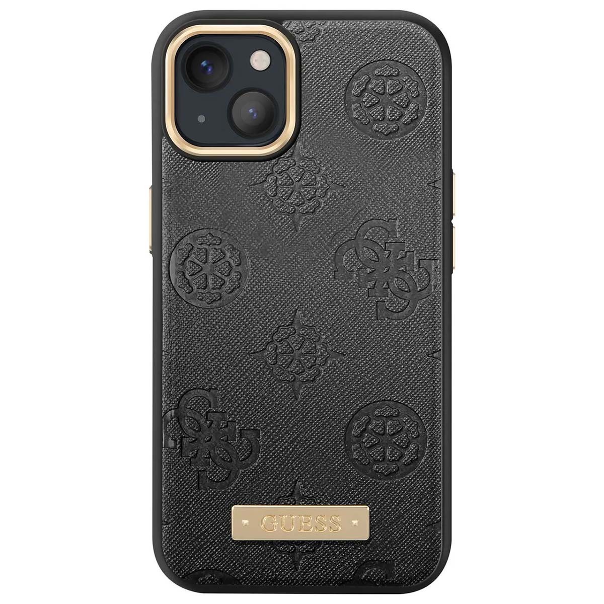 Coque Guess iPhone 13 antichoc etui cuir PU Peony plaque metal noir