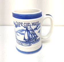 Nautical Windjammer Sailboat Cape Cod, Mass Handle Ceramic Blue White Mug Stein
