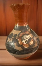 M167-Vintage Handmade Tonala Pottery Vase Hand Painted Flowers Mexico