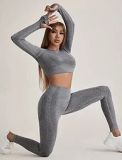 Workout Set Size Medium Women Gray Seamless High Waisted Leggings Crop Shirt New