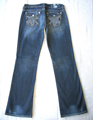 MEK Kingston Bootcut Jeans Women Sz 28 Blue Distressed+Flap Pockets+Stretch L31