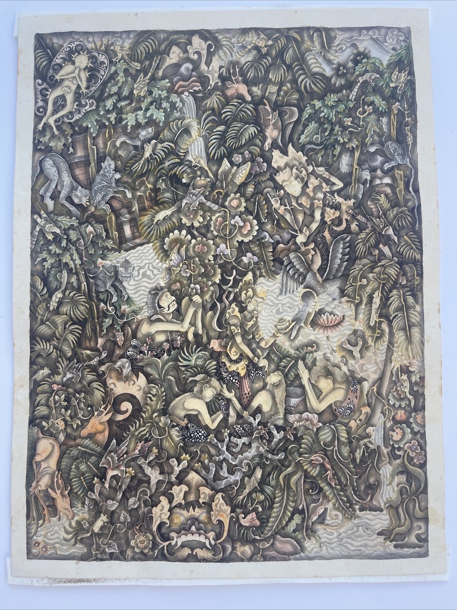 Bali 絵画 BALI PAINTING VINTAGE MASTERFUL TROPICAL LANDSCAPE FIGURES