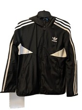 Adidas Zip Up Black Hooded Windbreaker Jacket VGUC Boys Medium 11 12