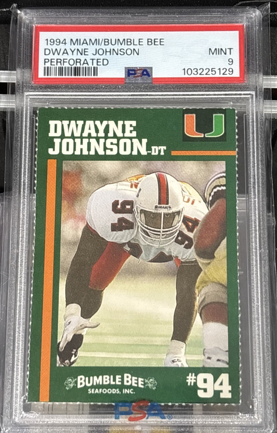 1994 DWAYNE JOHNSON MIAMI BUMBLE BEE PERFORATED ROOKIE PSA 9 “THE ROCK” 🤨