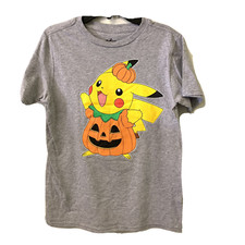 Nintendo Pokemon Size Medium Kids Gray Pikachu Pumpkin Graphic T-Shirt Tee