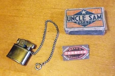 Lot/3 Tobacciana Items- Mayo's Tag, Pereline Lighter on Chain, Uncle Sam Matches
