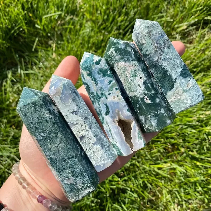 ★stone 90s グリーンエッジ ウインドローズ★ Natural Moss Agate Crystal Tower Point Reiki Chakra Specimen