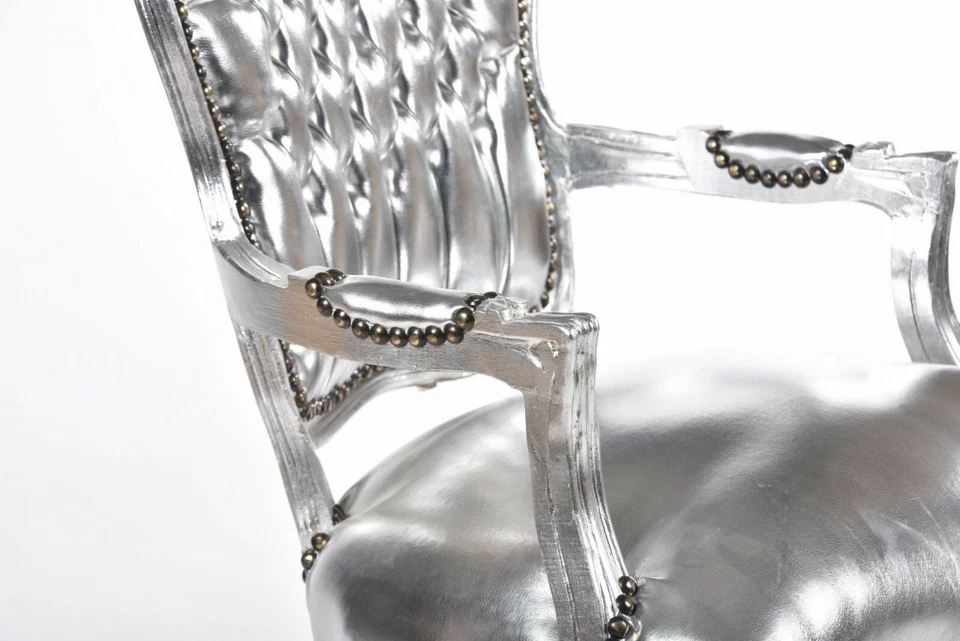 Poltrona Sedia in legno foglia argento con rivestimento eco-pelle argento - Immagine 3 di 3